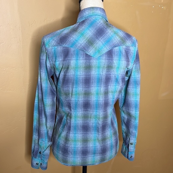 Panhandle Rough Stock Blue Plaid Pearl Snap Western 100% Cotton Top Size Small - Picture 3 of 4